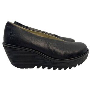 Fly London Women's Yaz Mousse Ballerina Wedge Black Leather Size 39 US 8-8.5